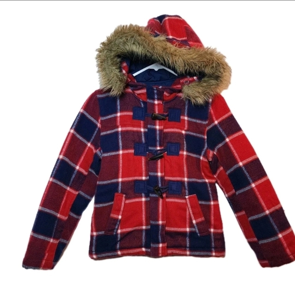 Justice Girl's Size 10 Red And Blue Plaid Fur Hooded Jacket Toggles Fall/winter
